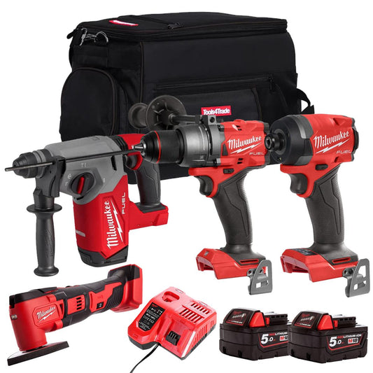 Milwaukee M18FPP21Z-502B 18V 4 Piece Power Tool Kit With 2 x 5.0Ah Batteries Charger & Bag